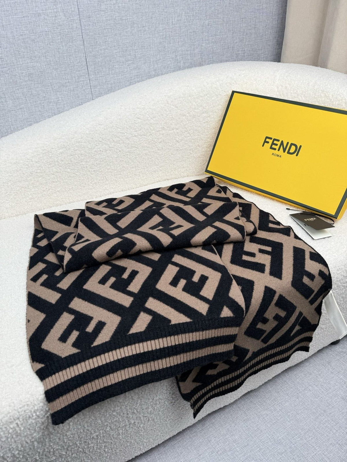 Fendi Black and Tan Monogram Knit Scarf — front
