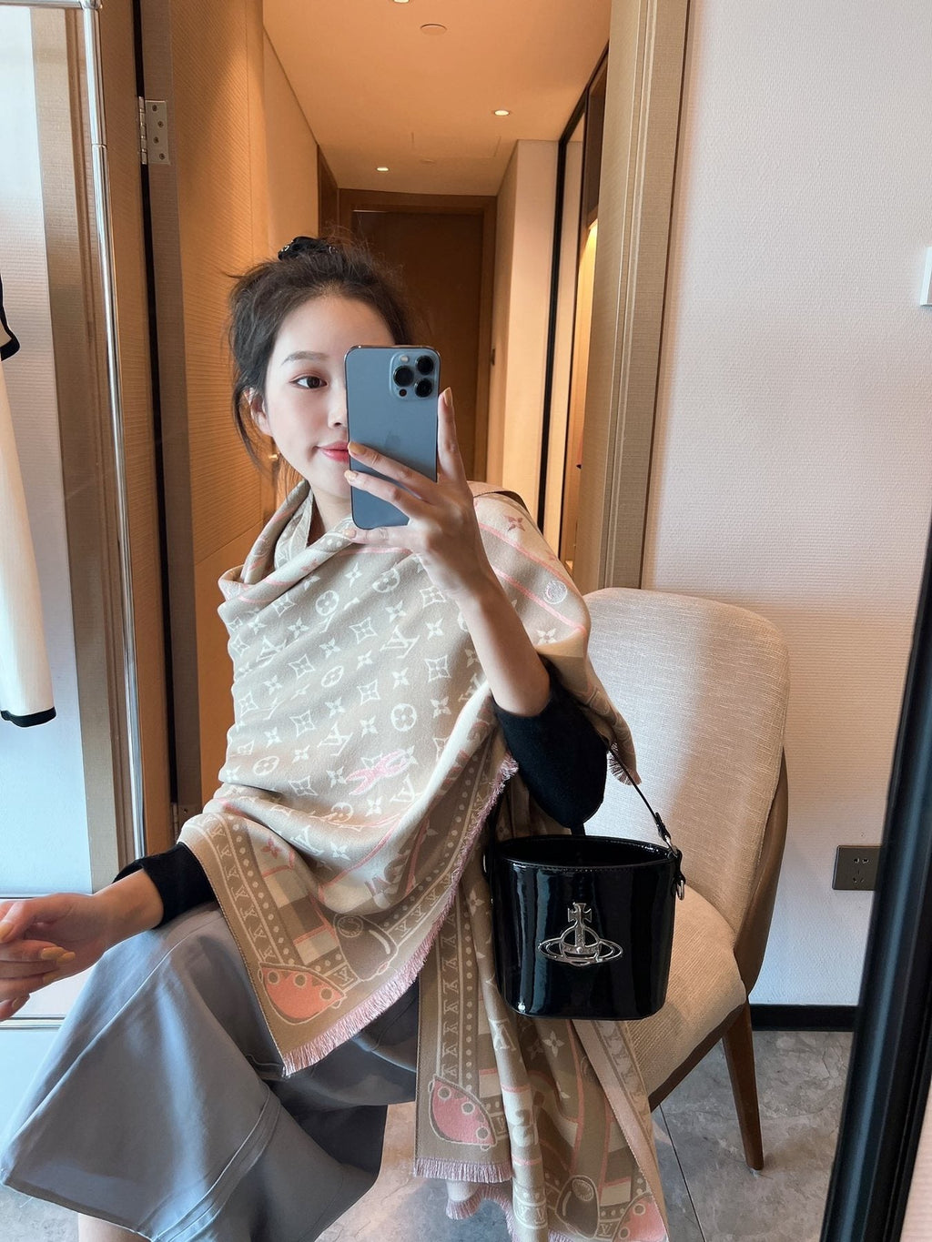 Louis Vuitton Taupe Monogram Fashion Scarf — model