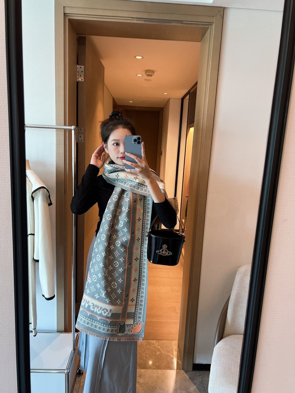 Louis Vuitton Taupe Monogram Fashion Scarf — model