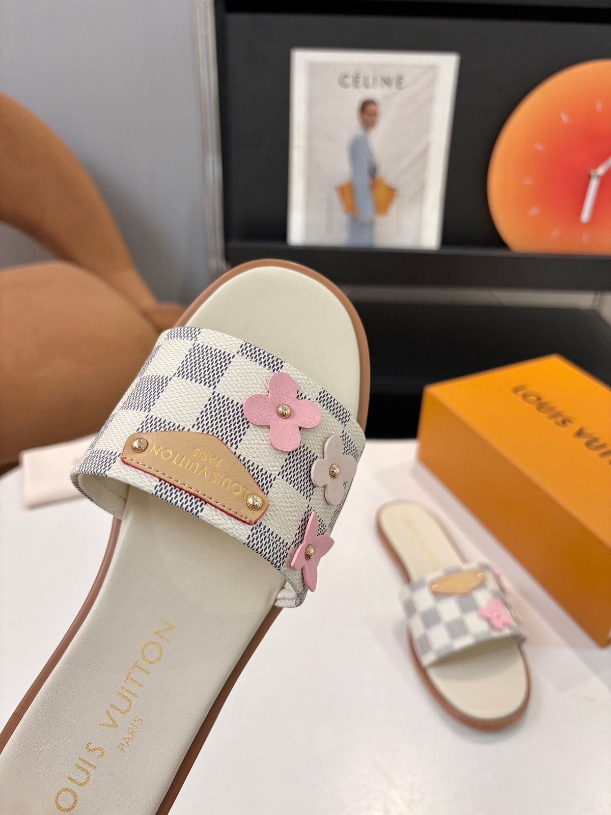 Louis Vuitton Checkerboard Floral Slide Sandals — front