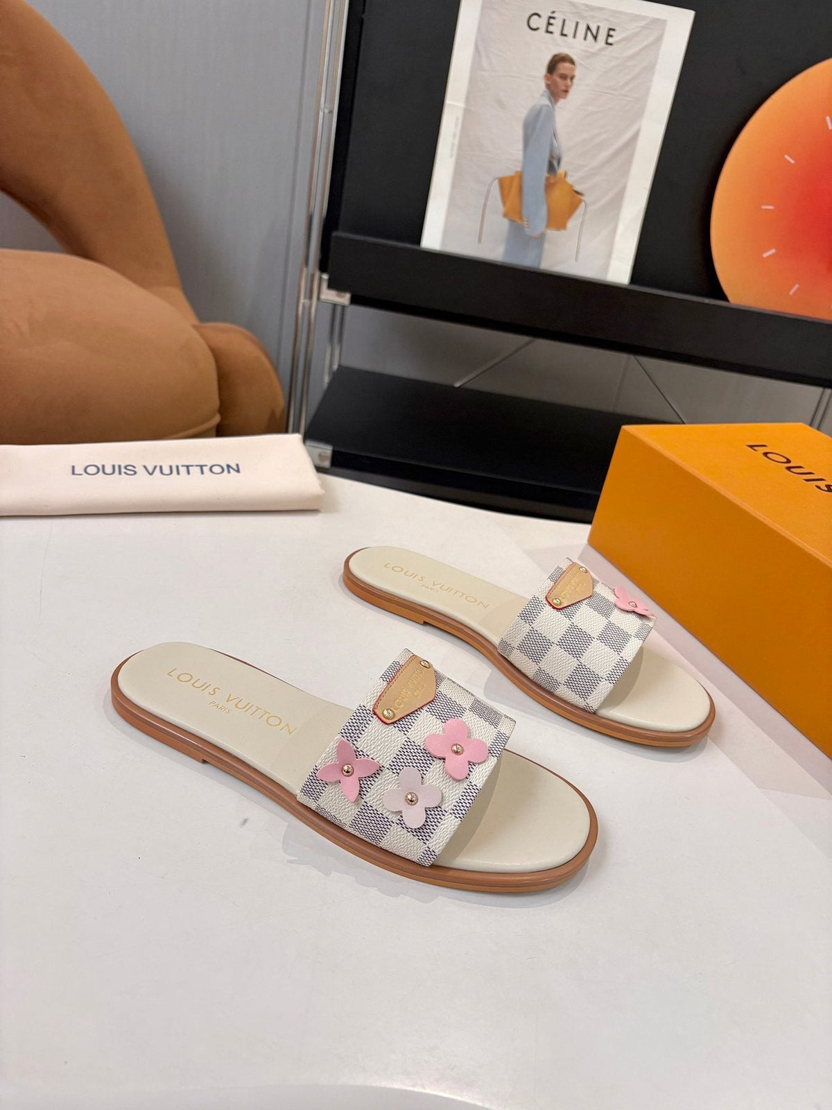 Louis Vuitton Checkerboard Floral Slide Sandals — front