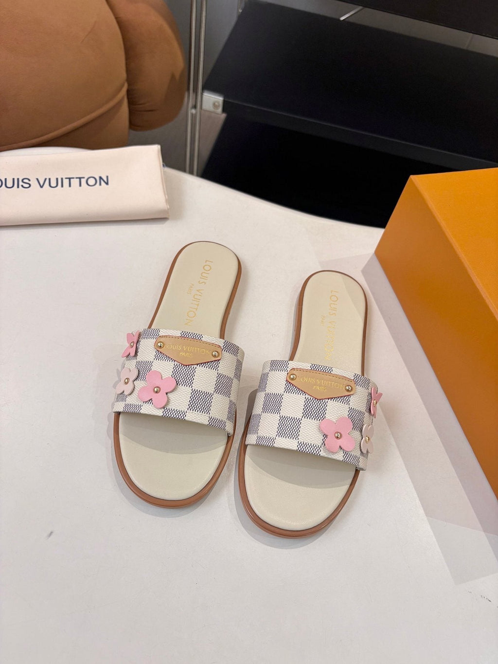 Louis Vuitton Checkerboard Floral Slide Sandals — front
