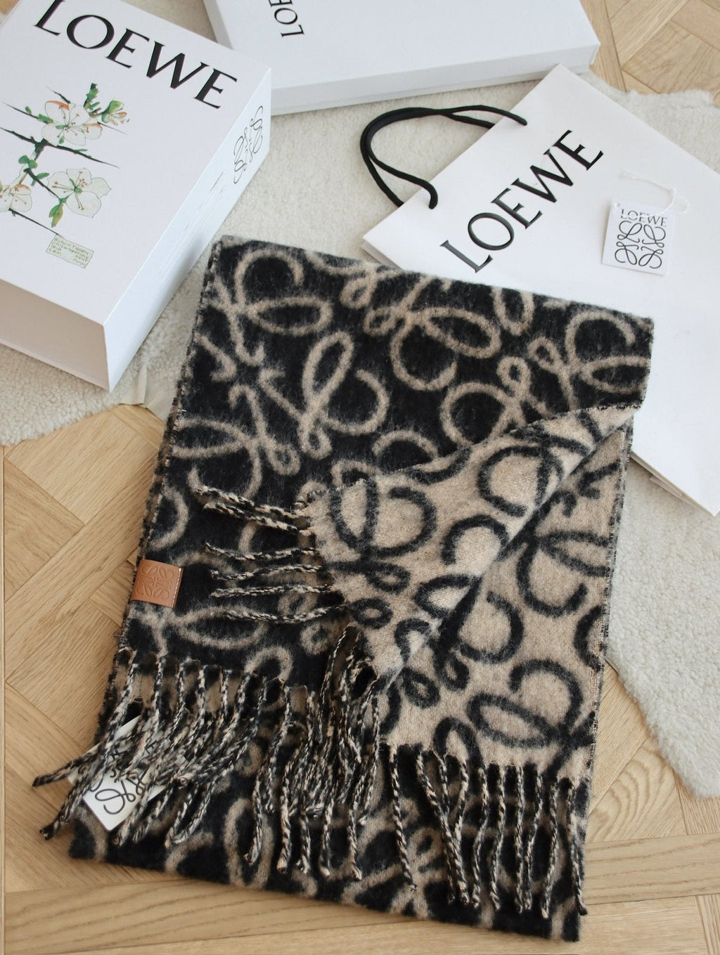 Loewe Black & Tan Motif Fringe Scarf — front