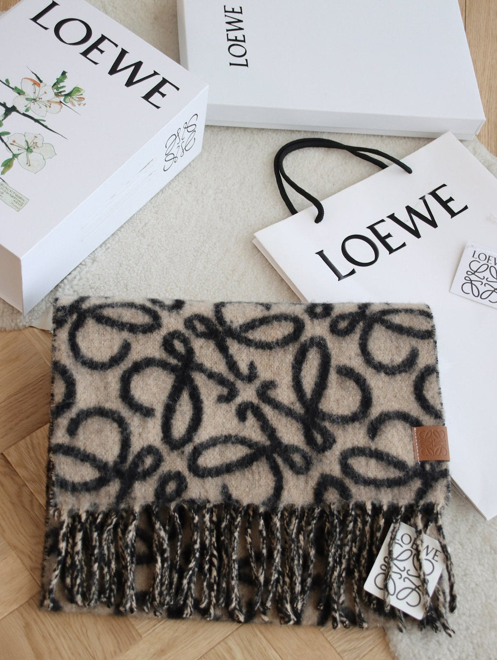 Loewe Beige and Black Patterned Fringe Scarf — front