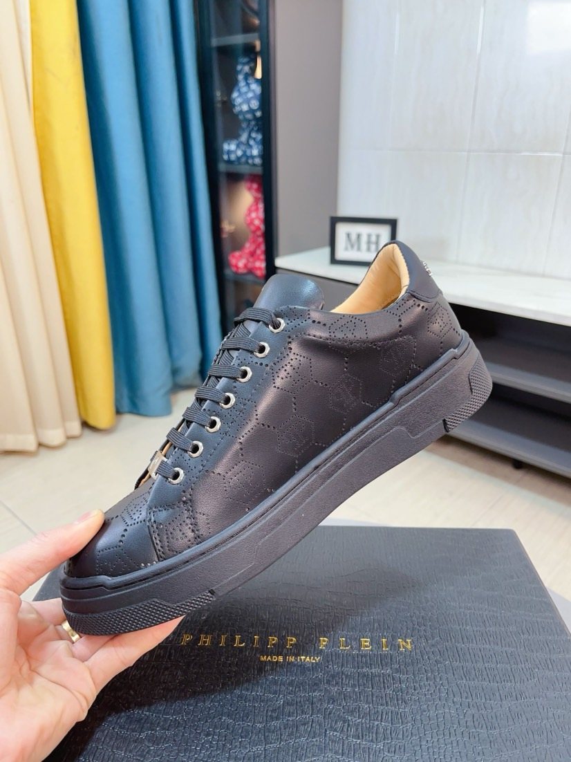 PHILIPP PLEIN Black Textured Low-Top Sneakers — side