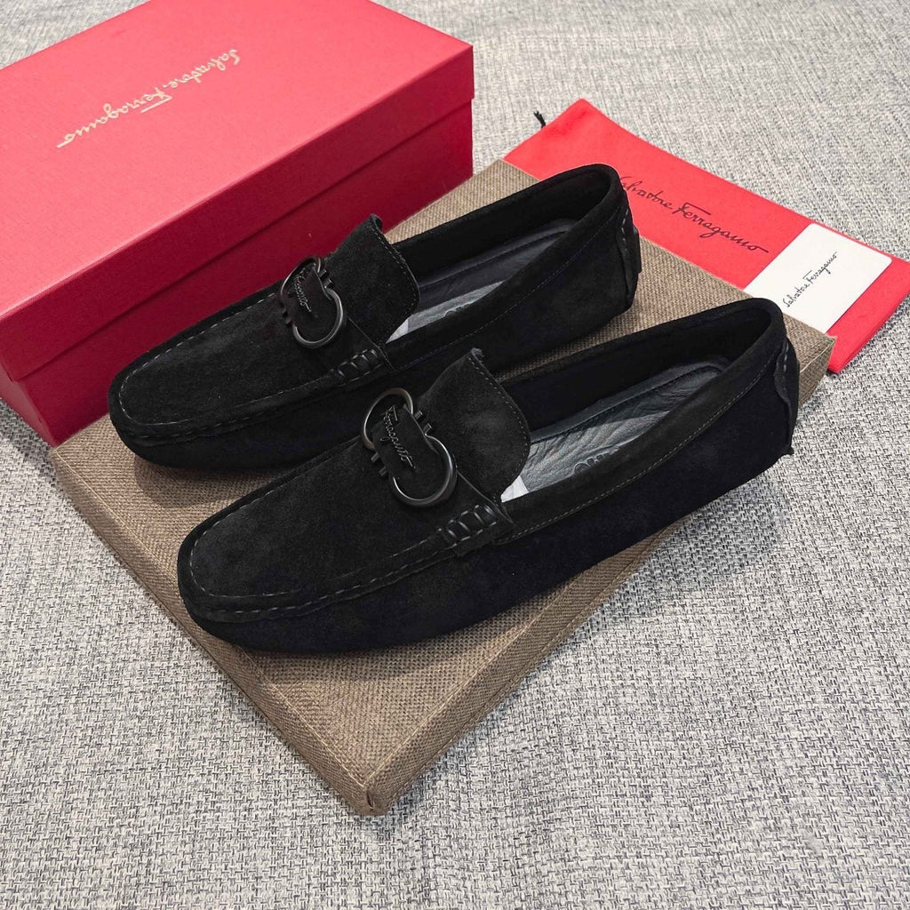 Ferragamo Black Buckle Loafers — front