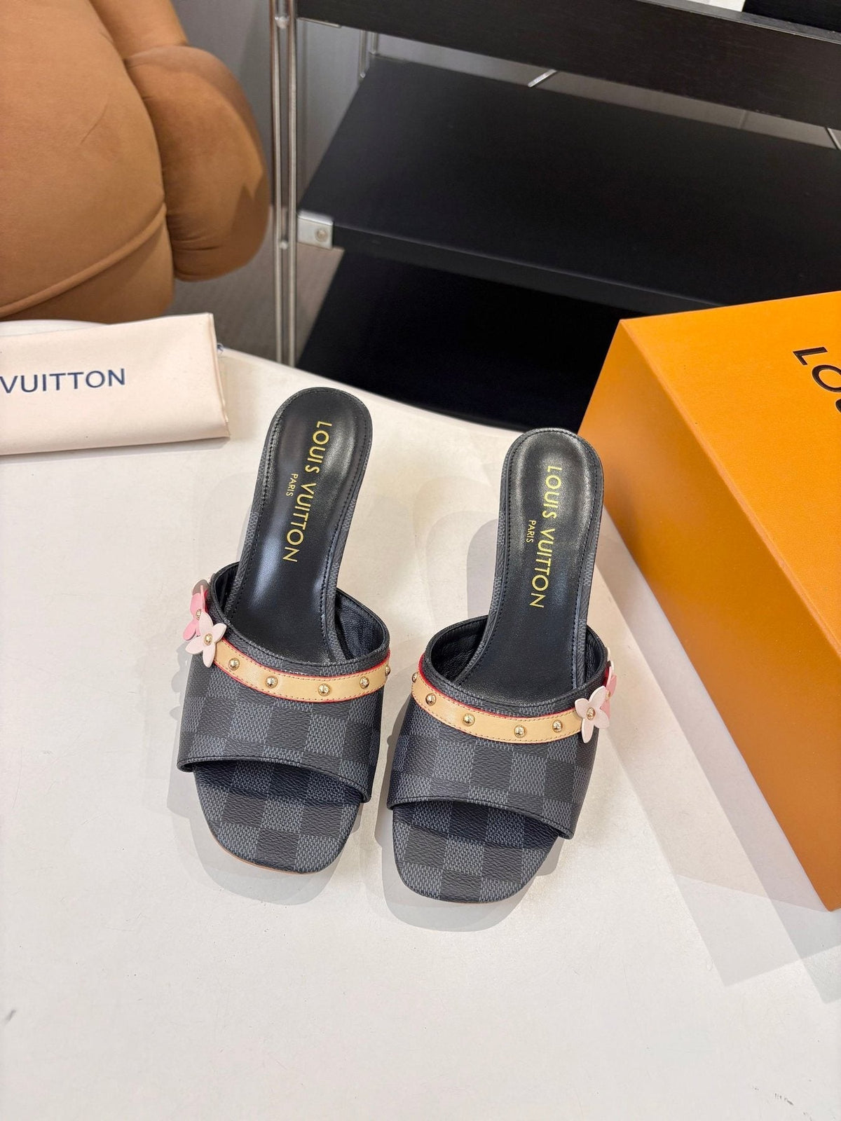 Louis Vuitton Checkered Floral Slingback Heeled Sandals — front
