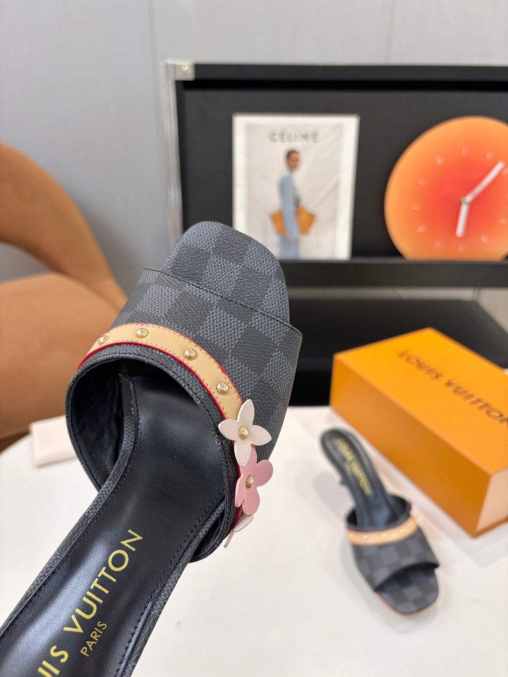 Louis Vuitton Checkered Floral Slingback Heeled Sandals — front