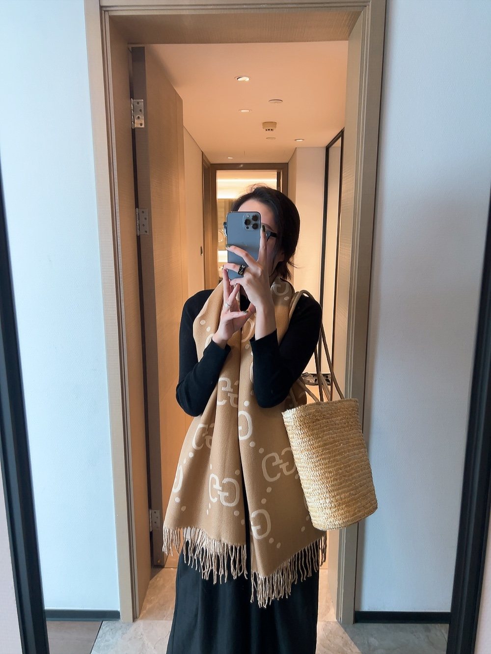 Gucci Tan Cream Motif Fringed Scarf — model