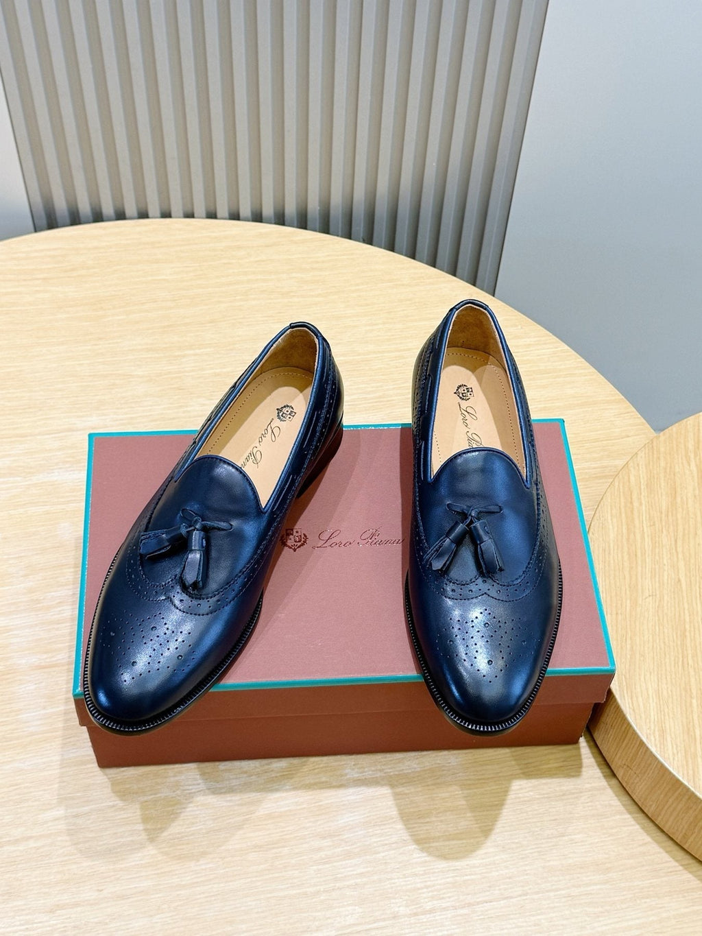 Loro Piana Navy Blue Tassel Loafers — front