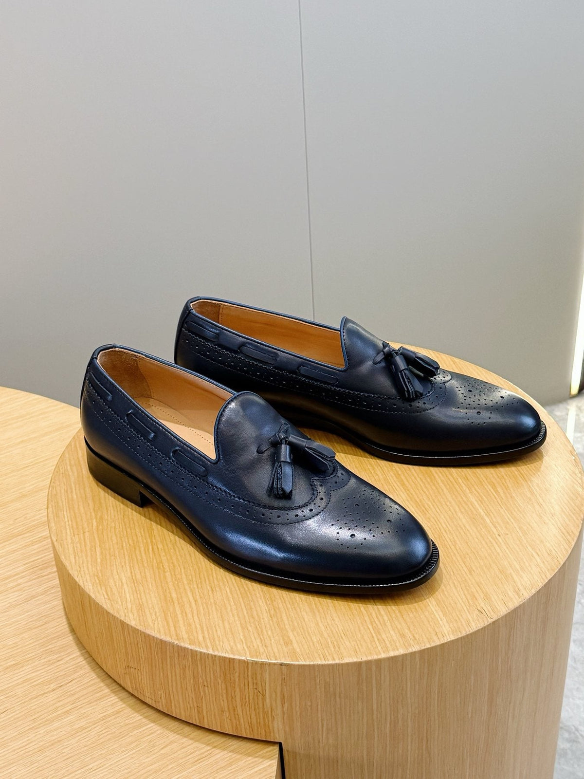 Loro Piana Navy Blue Tassel Loafers — side