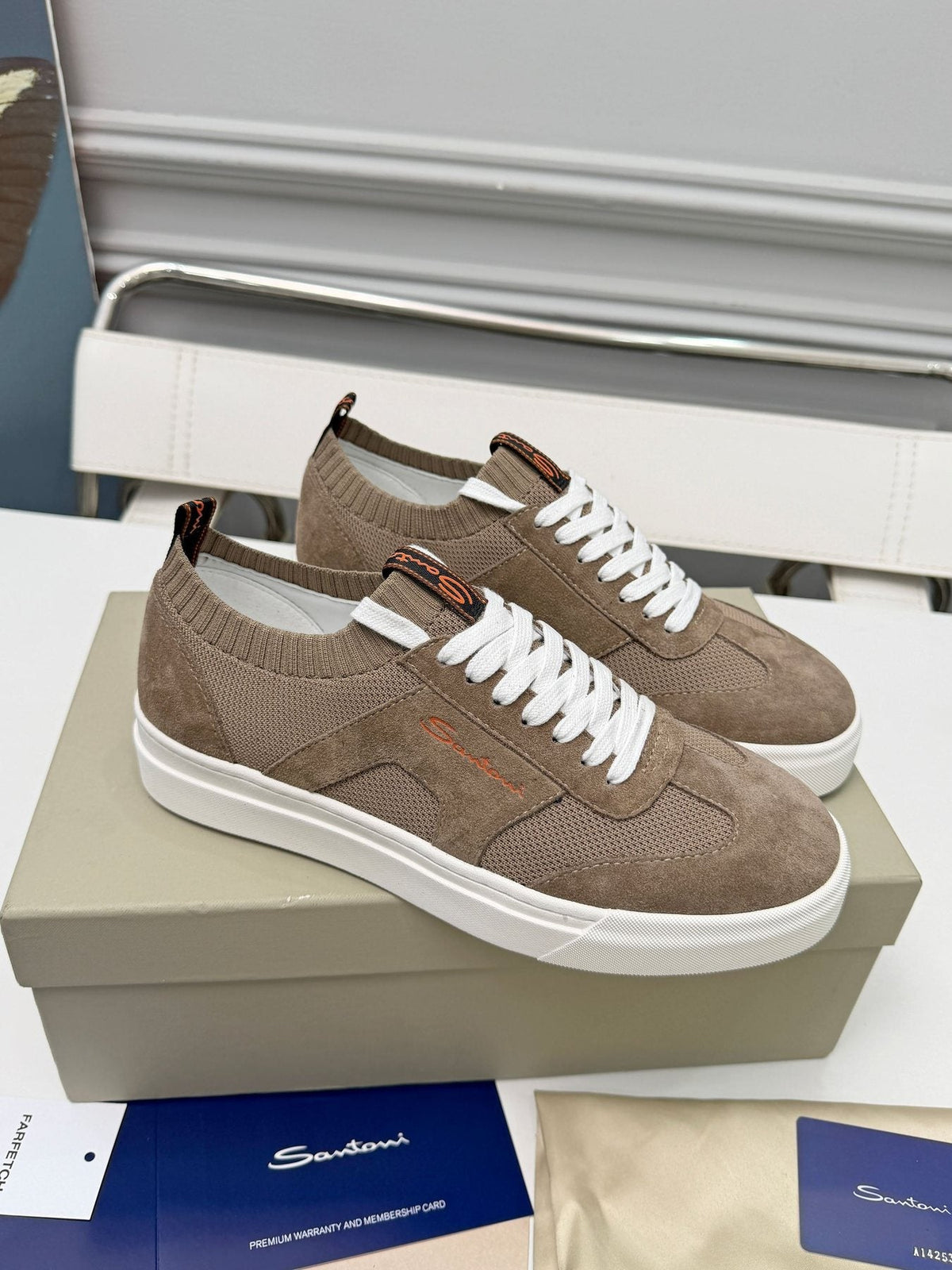Santoni Taupe Brown Low-Top Sneakers — front