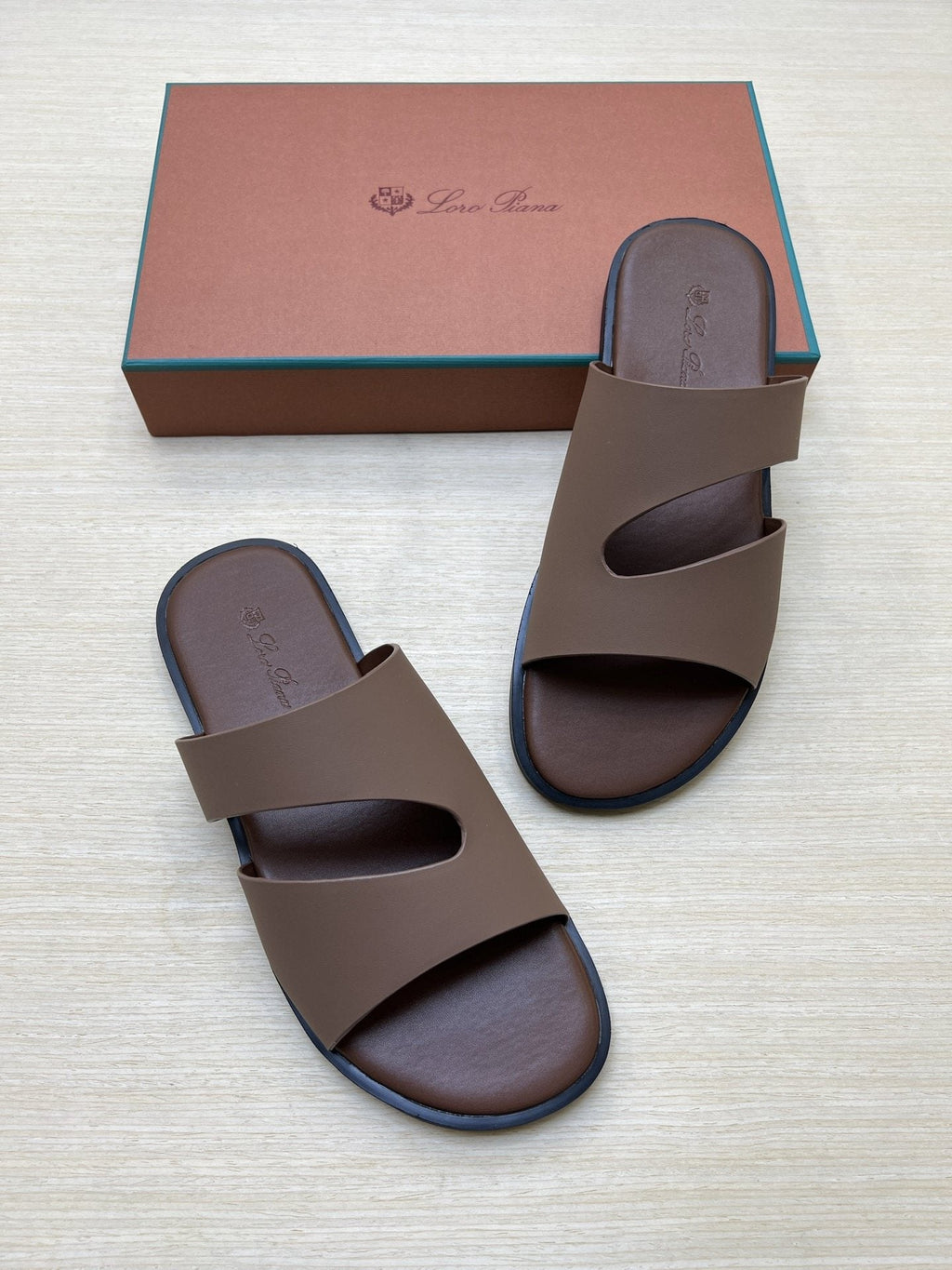 Loro Piana Taupe Brown Crossover Slide Sandals — hero