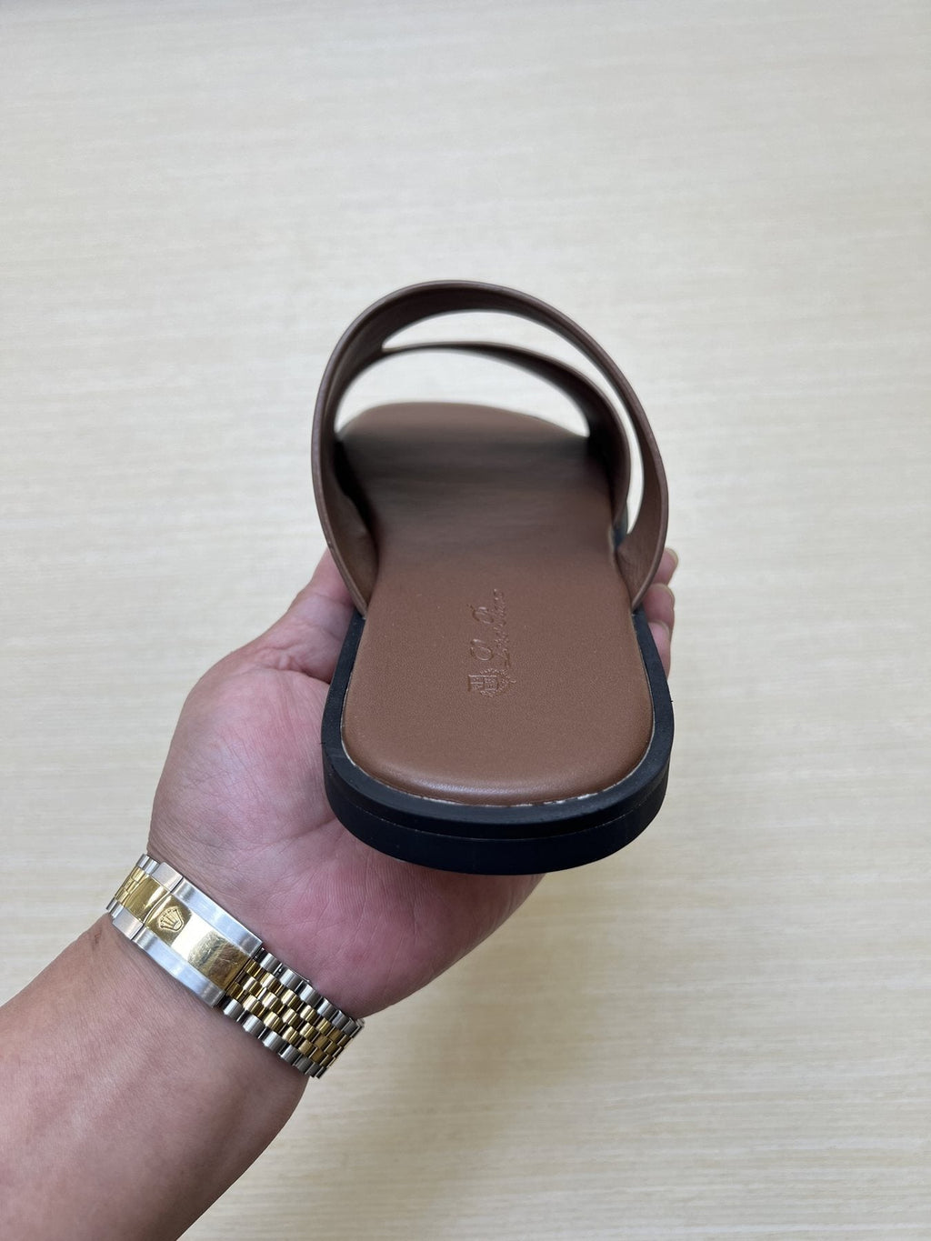 Loro Piana Taupe Brown Crossover Slide Sandals — model