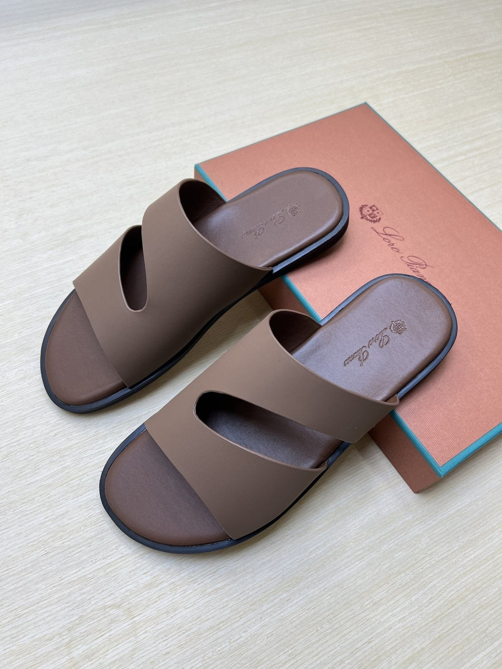 Loro Piana Taupe Brown Crossover Slide Sandals — front