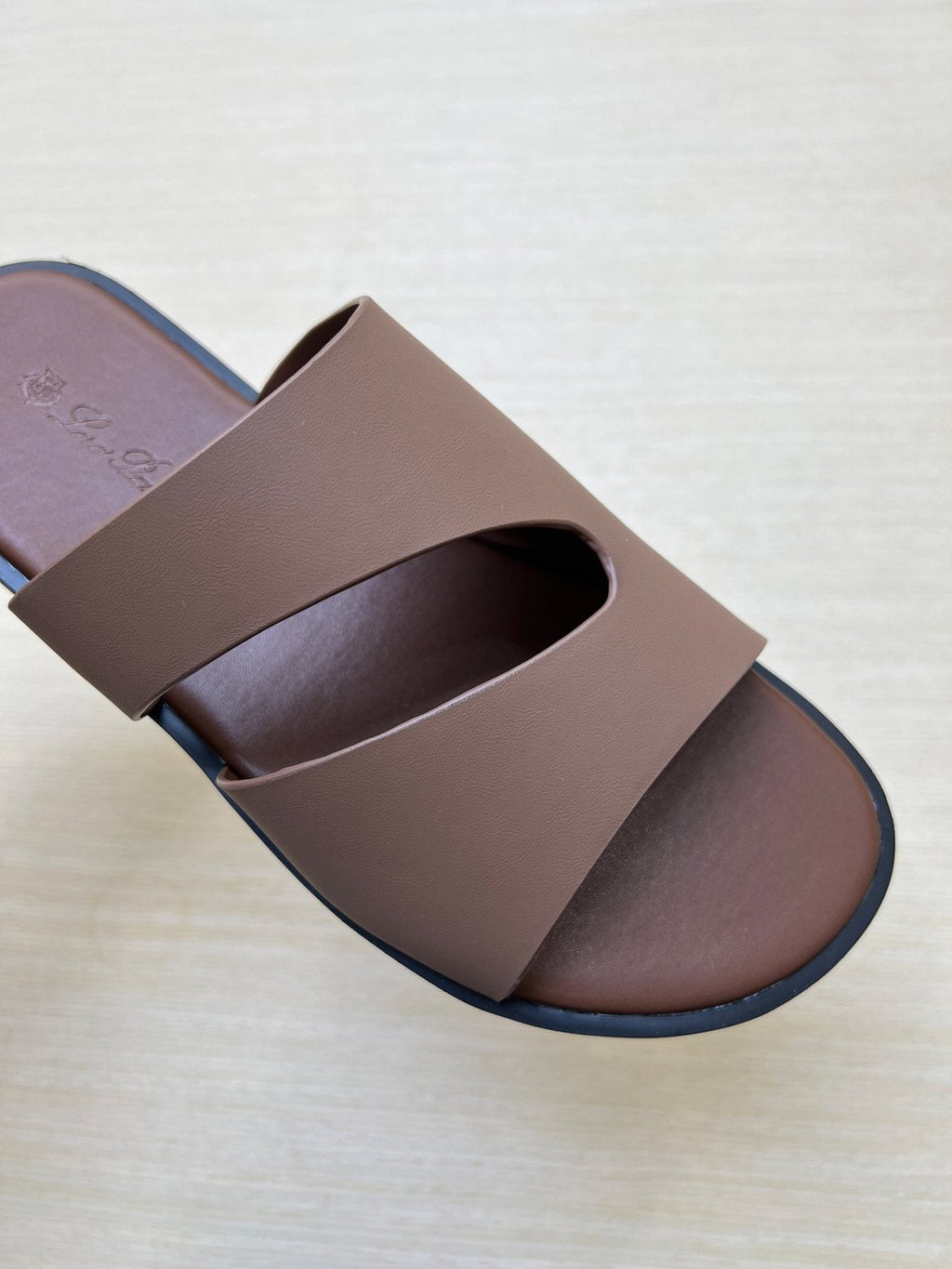 Loro Piana Taupe Brown Crossover Slide Sandals — front
