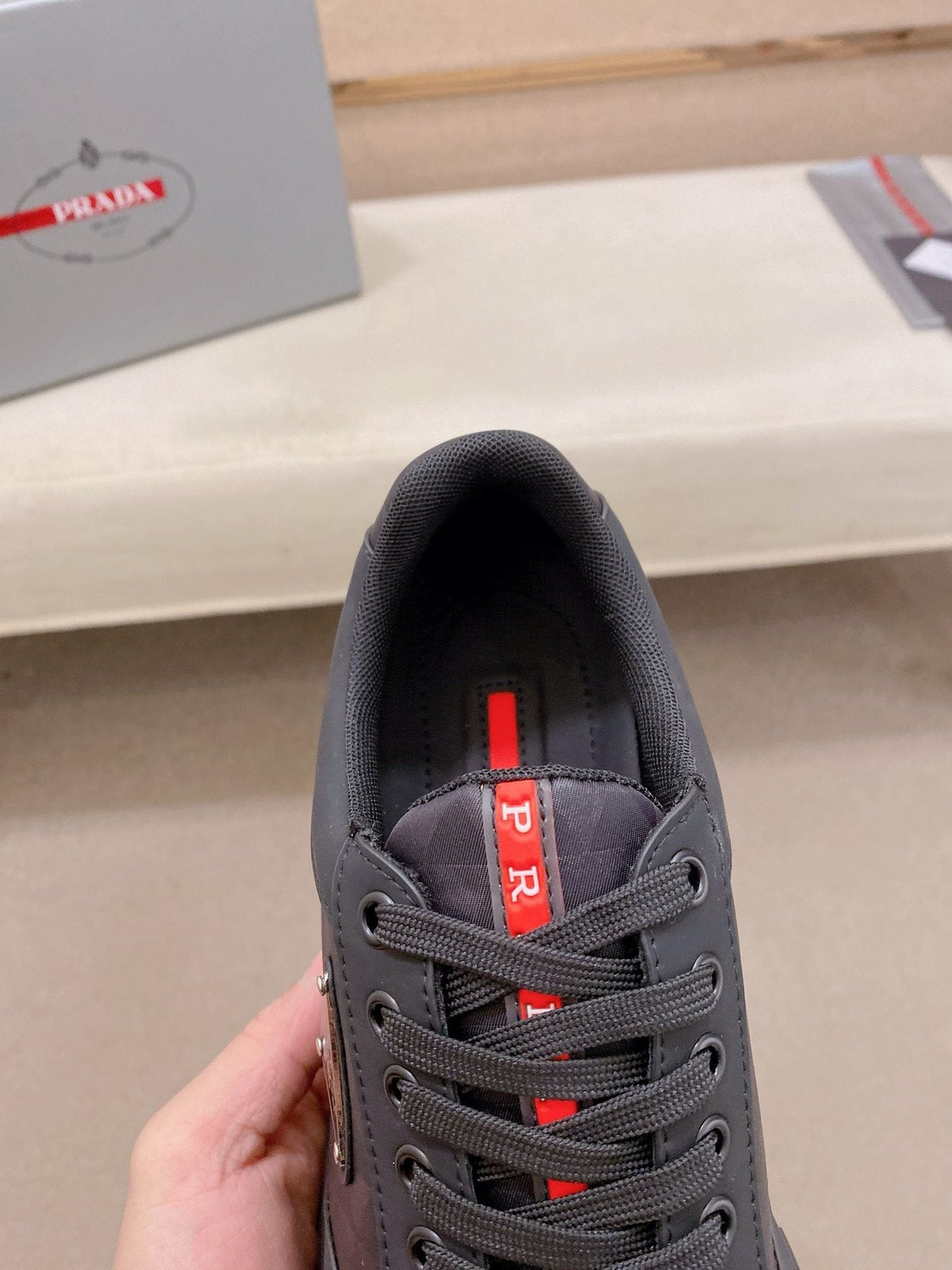 PRADA Black Red-Accent Low-Top Sneakers — detail
