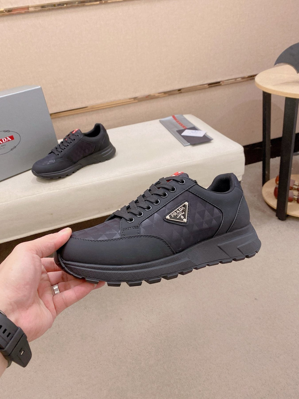 PRADA Black Red-Accent Low-Top Sneakers — side