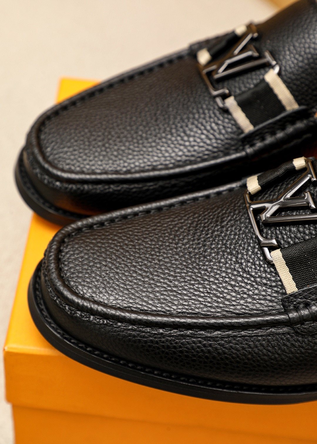 Louis Vuitton Black Pebbled Leather Loafers — detail