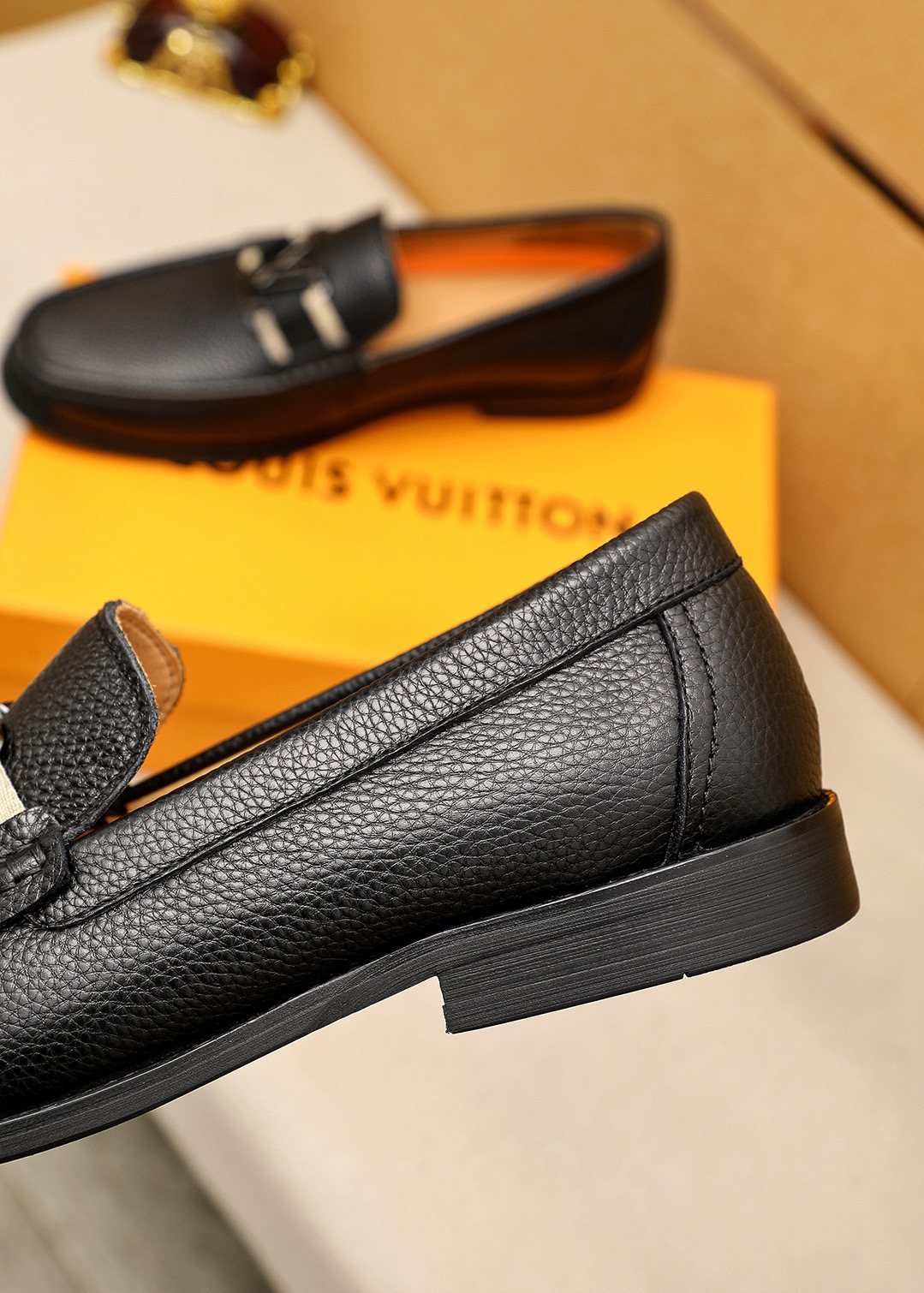 Louis Vuitton Black Pebbled Leather Loafers — side