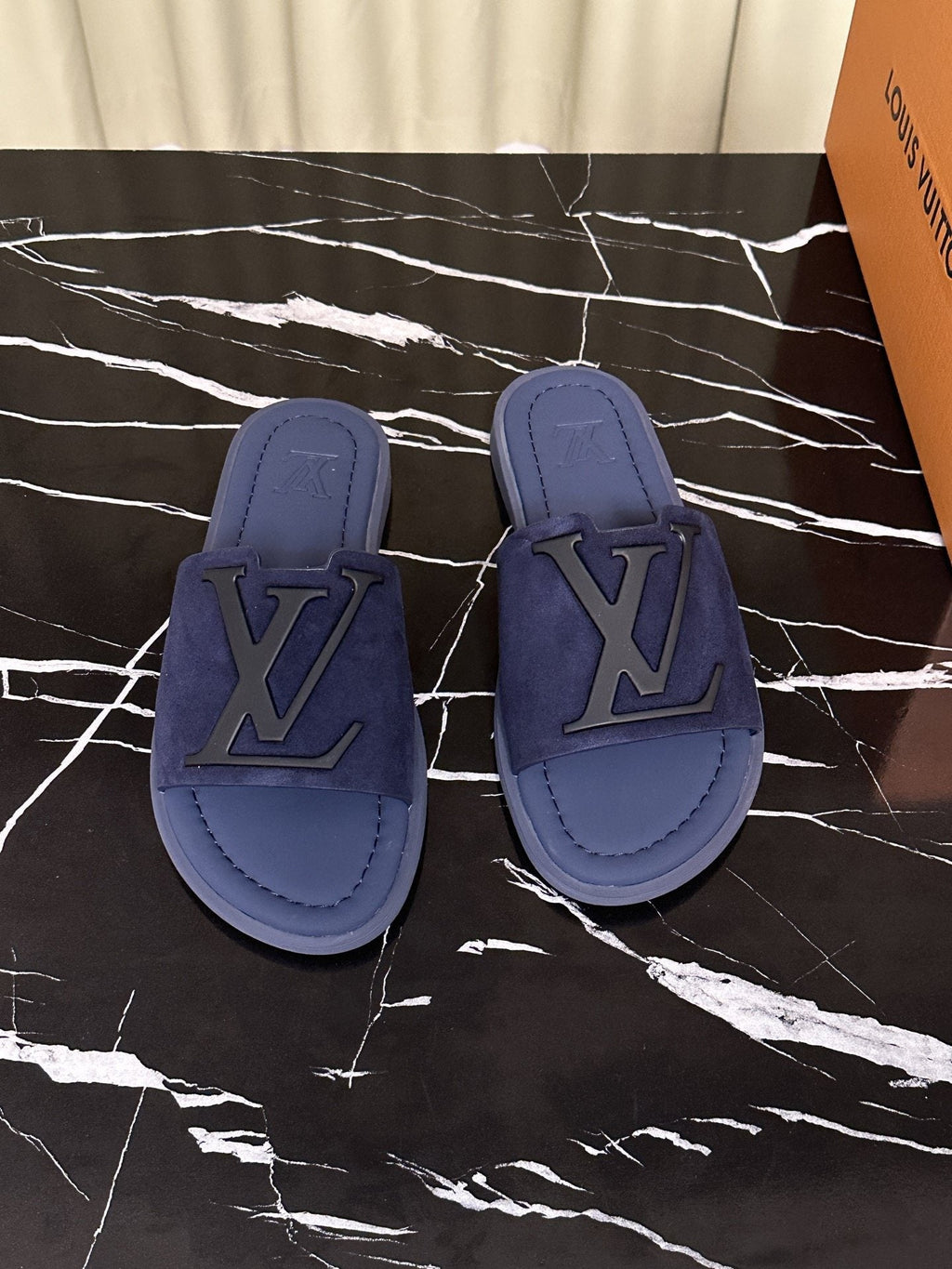 Louis Vuitton Navy Blue Logo Slide Sandals — hero