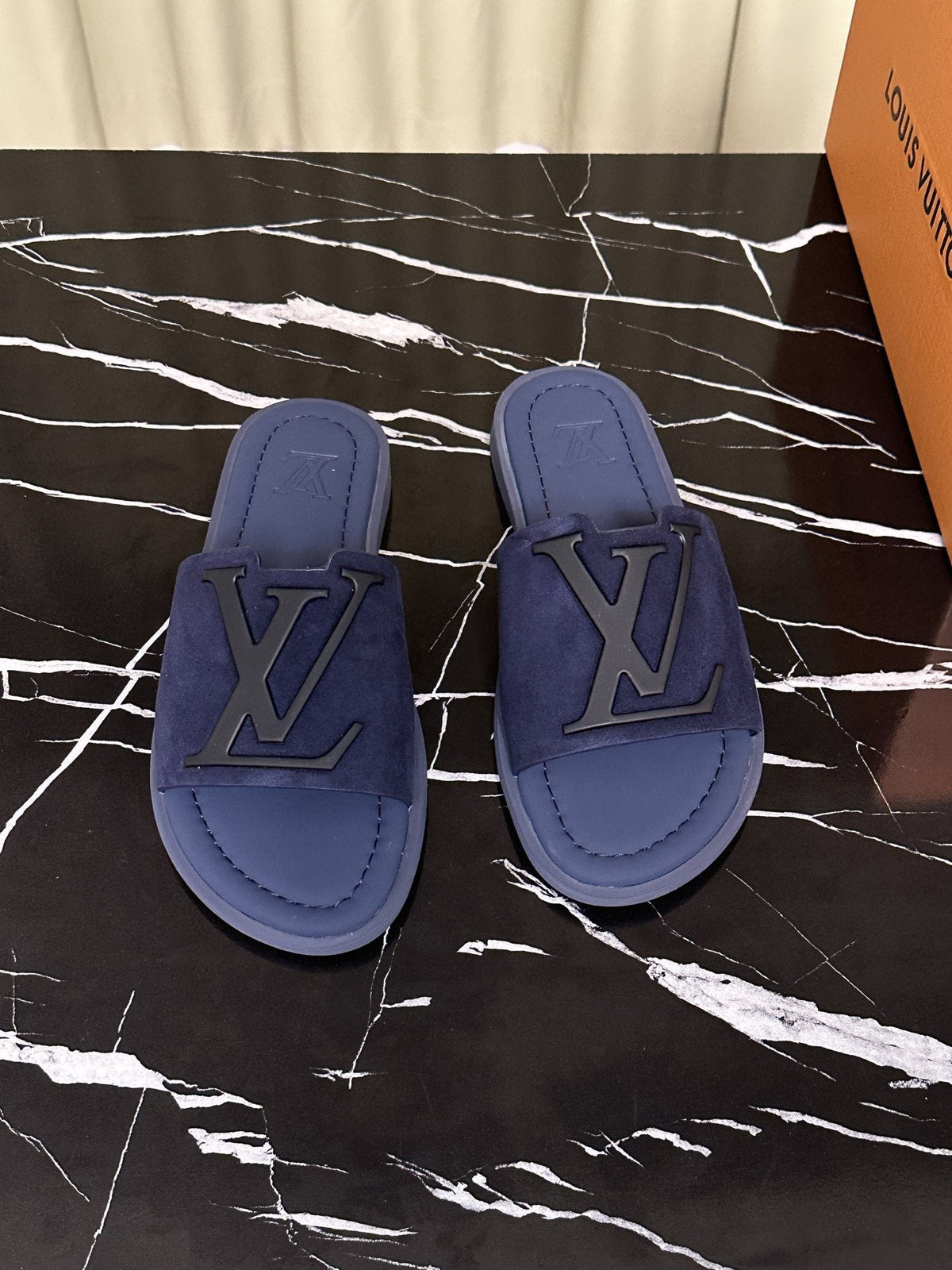 Louis Vuitton Navy Blue Logo Slide Sandals — hero