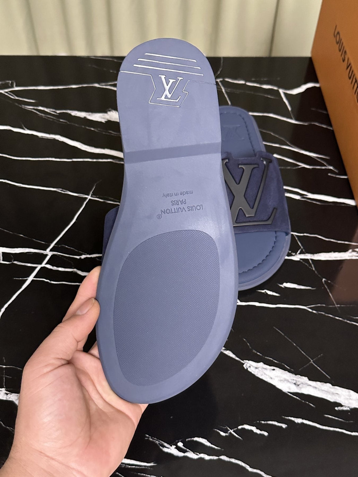 Louis Vuitton Navy Blue Logo Slide Sandals — detail