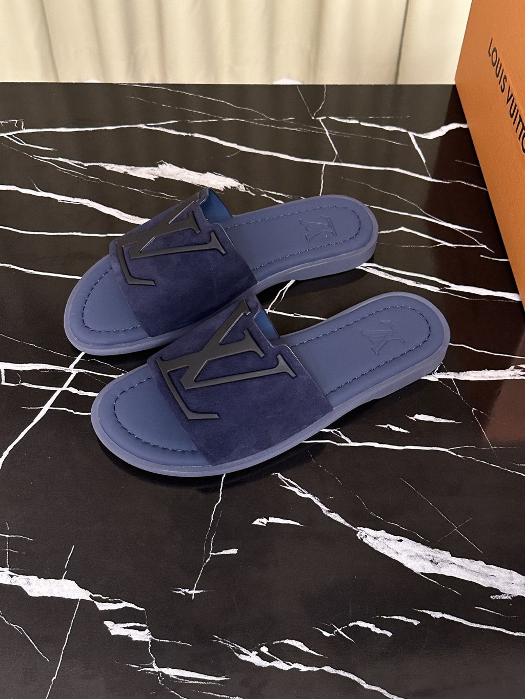 Louis Vuitton Navy Blue Logo Slide Sandals — front