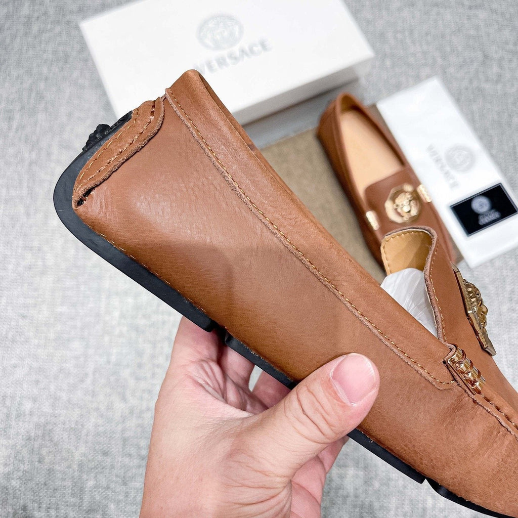 Versace Tan Brown Leather Driving Loafers — detail