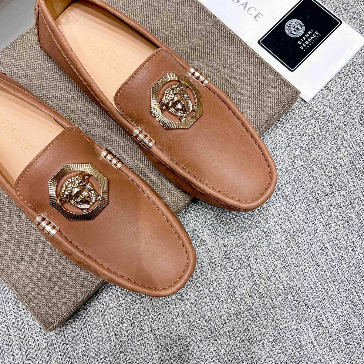 Versace Tan Brown Leather Driving Loafers — front