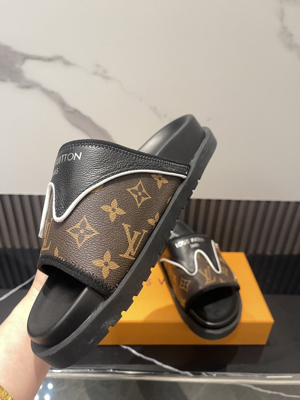 Louis Vuitton Brown Monogram Slide Sandals — side