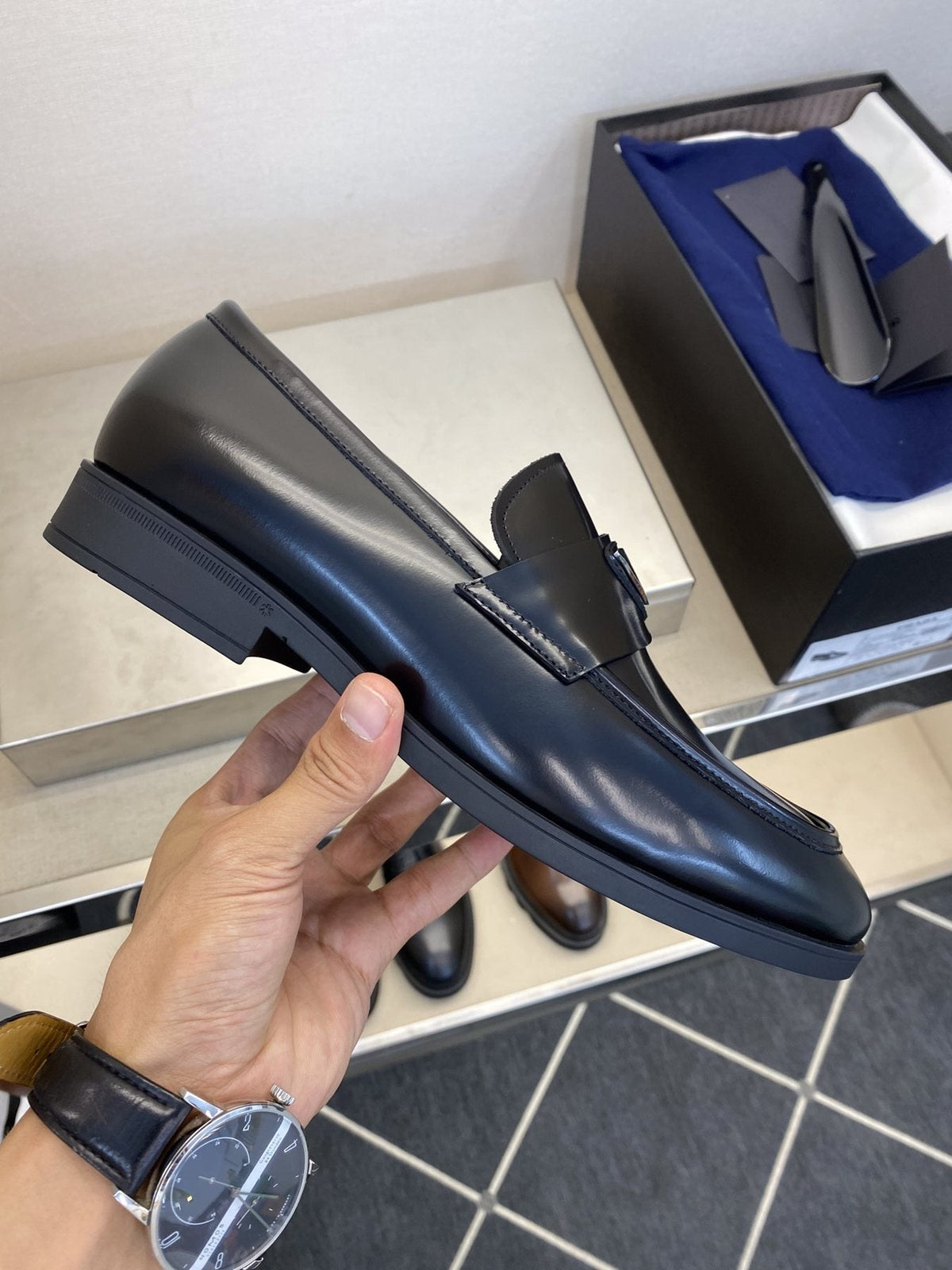 Prada Black Triangle Plaque Loafers — side