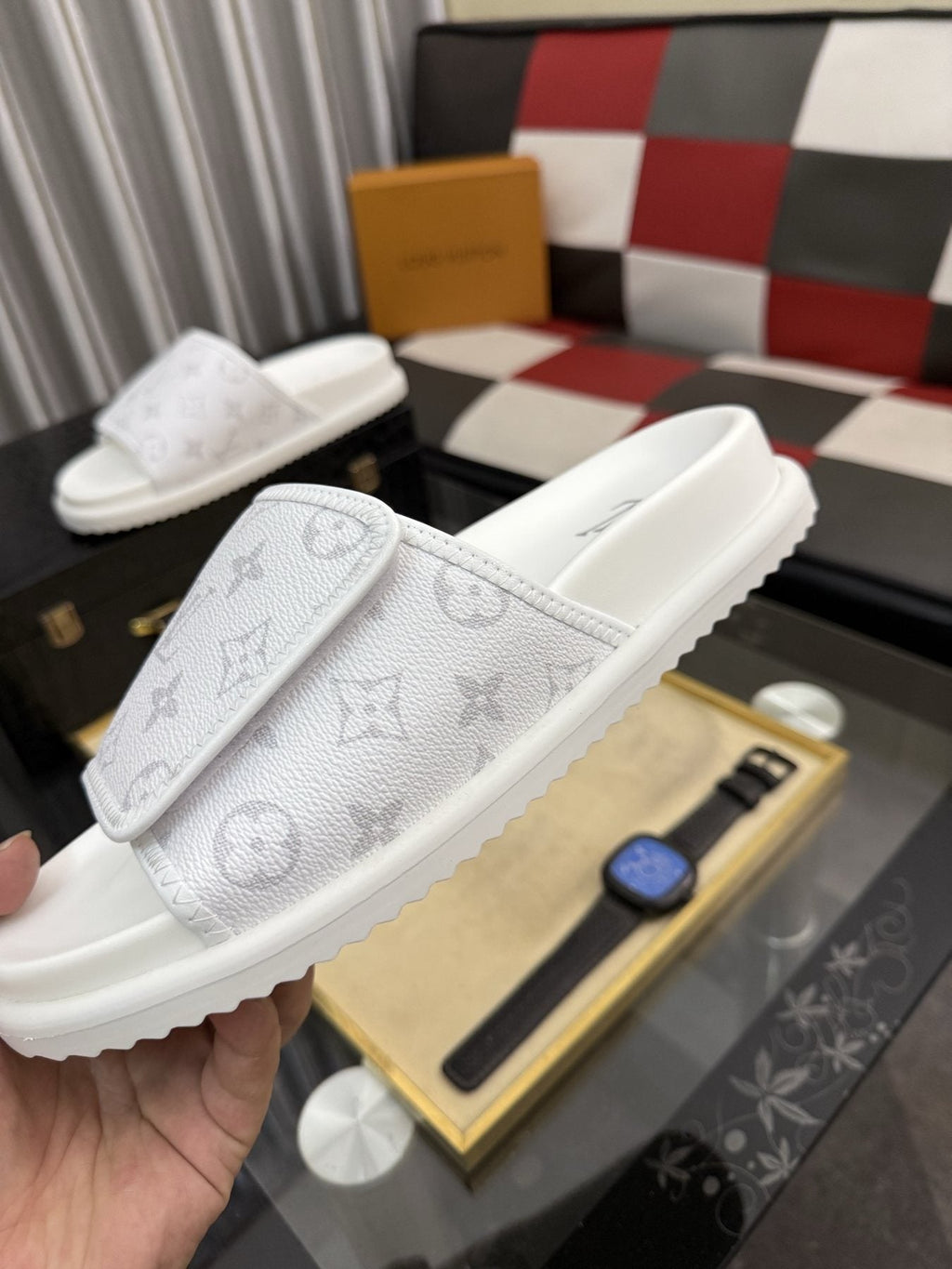 Louis Vuitton Light Gray Monogram Slide Sandals — side