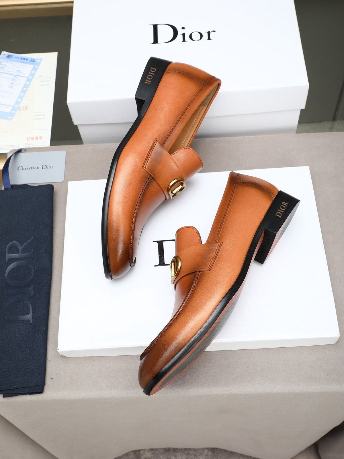 Dior Cognac Brown Gold-Hardware Loafers — front