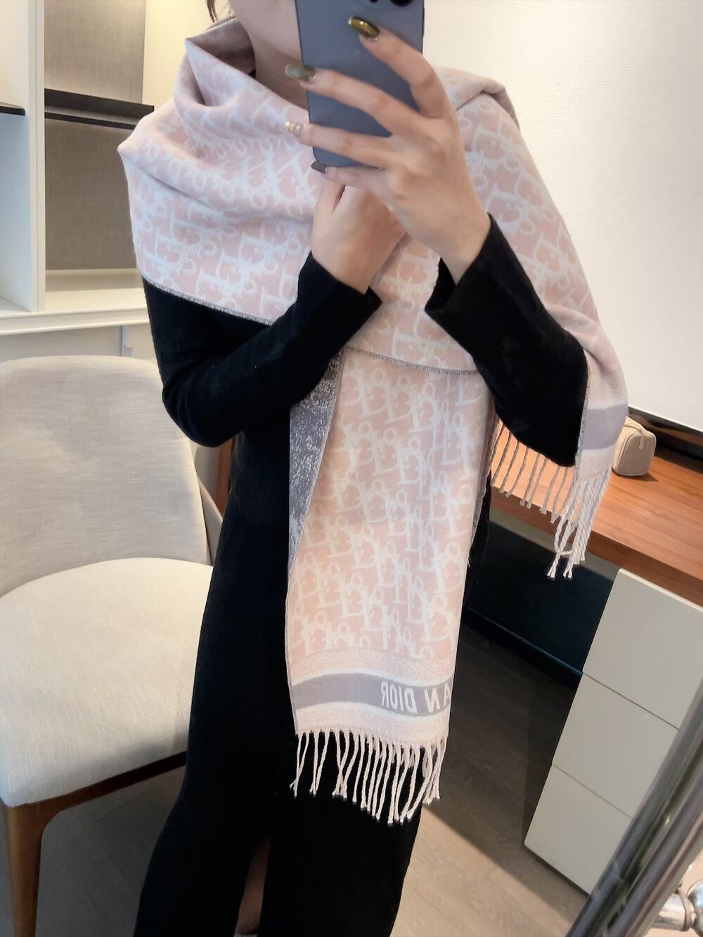 Dior Monogram Fringe Scarf — model