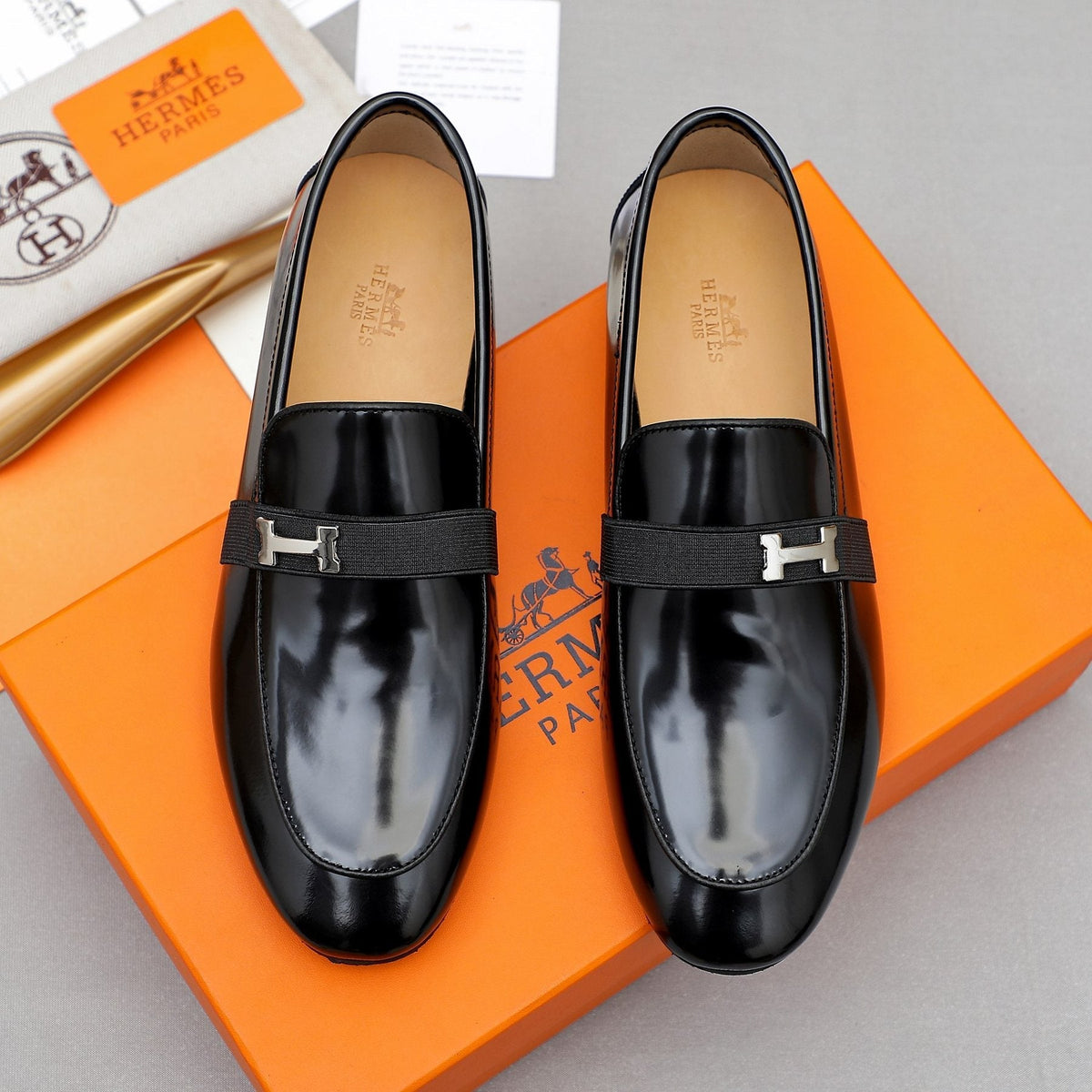 Hermès Black H-Hardware Loafers — front