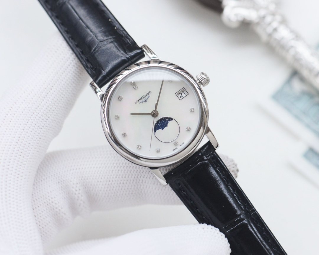 Longines Black Silver White Dial Strap Watch — hero