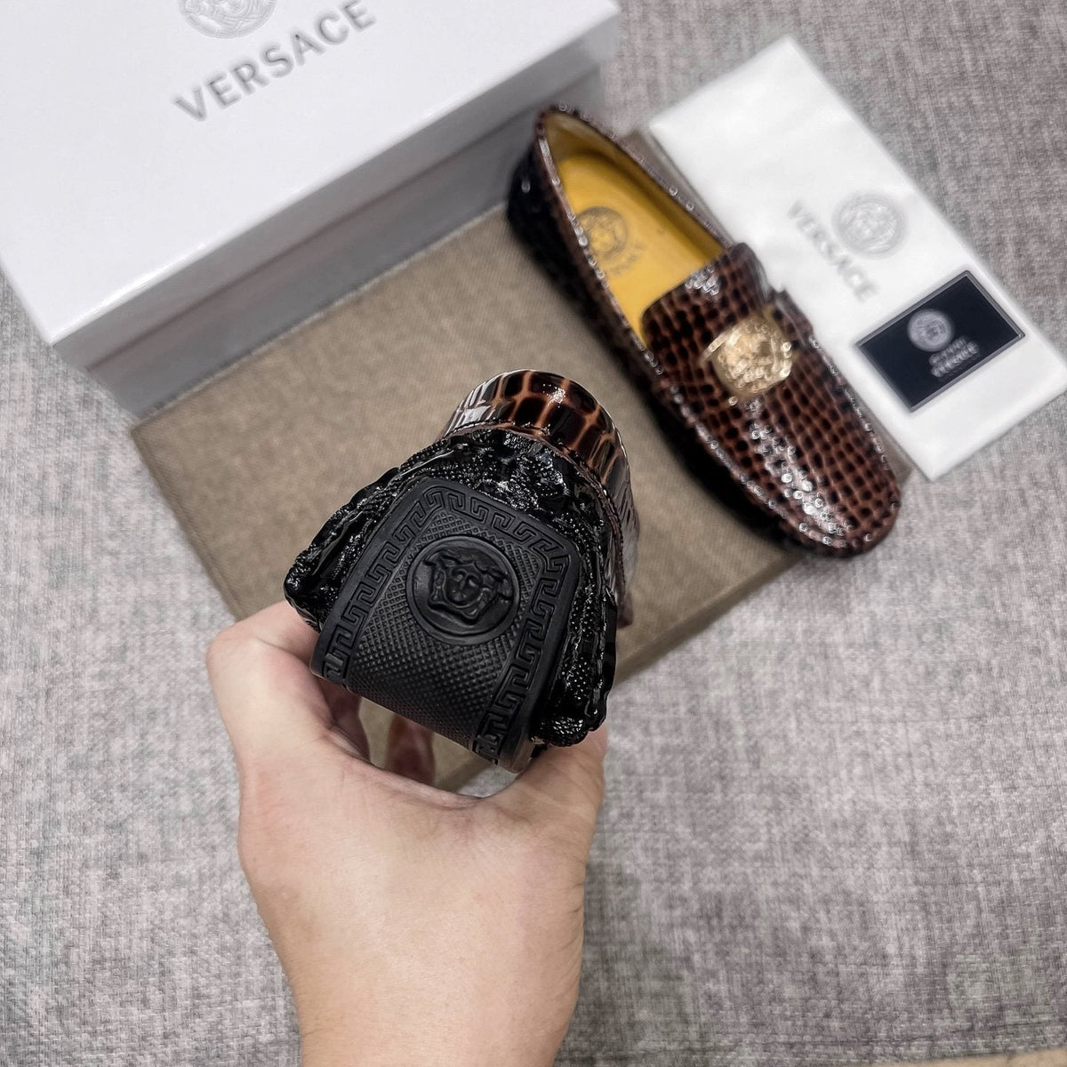 Versace Brown Embossed Medallion Loafers — detail