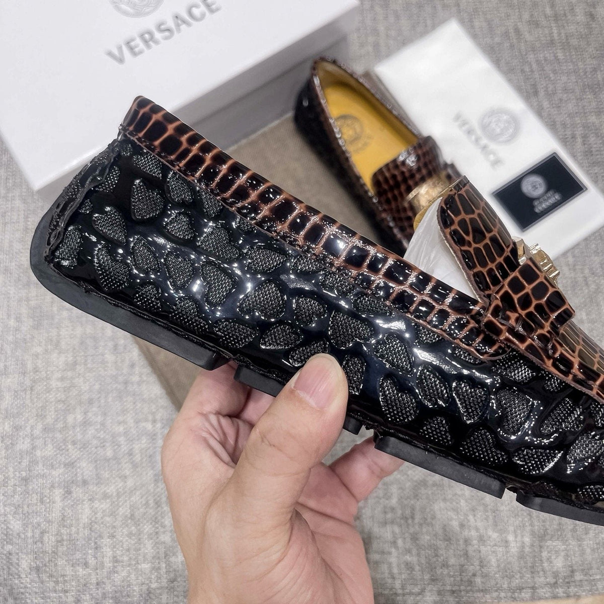 Versace Brown Embossed Medallion Loafers — detail