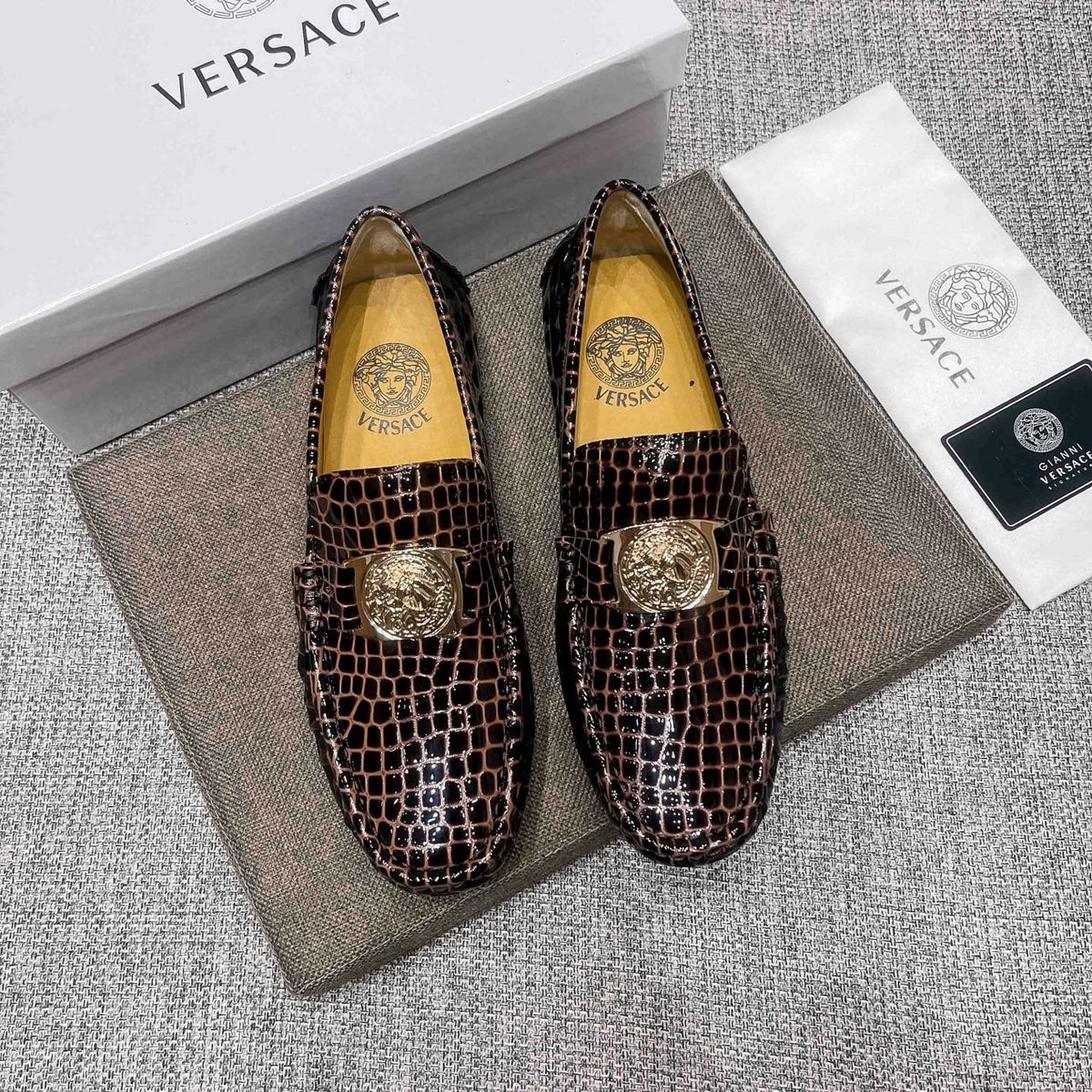 Versace Brown Embossed Medallion Loafers — hero