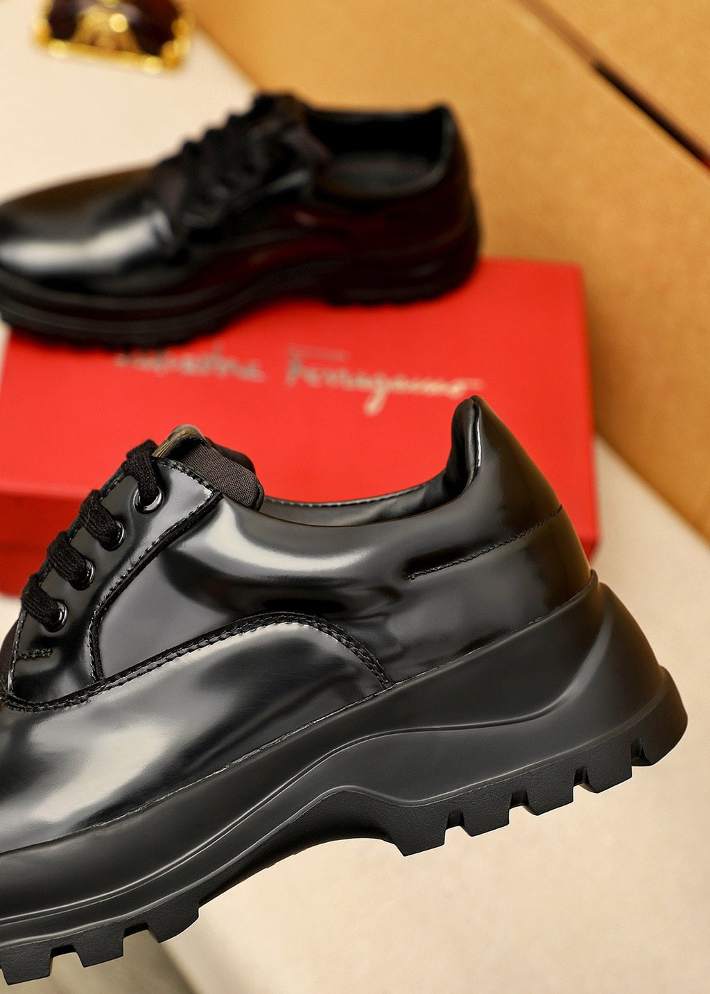 Ferragamo Black Lug-Sole Lace-Up Shoes — back