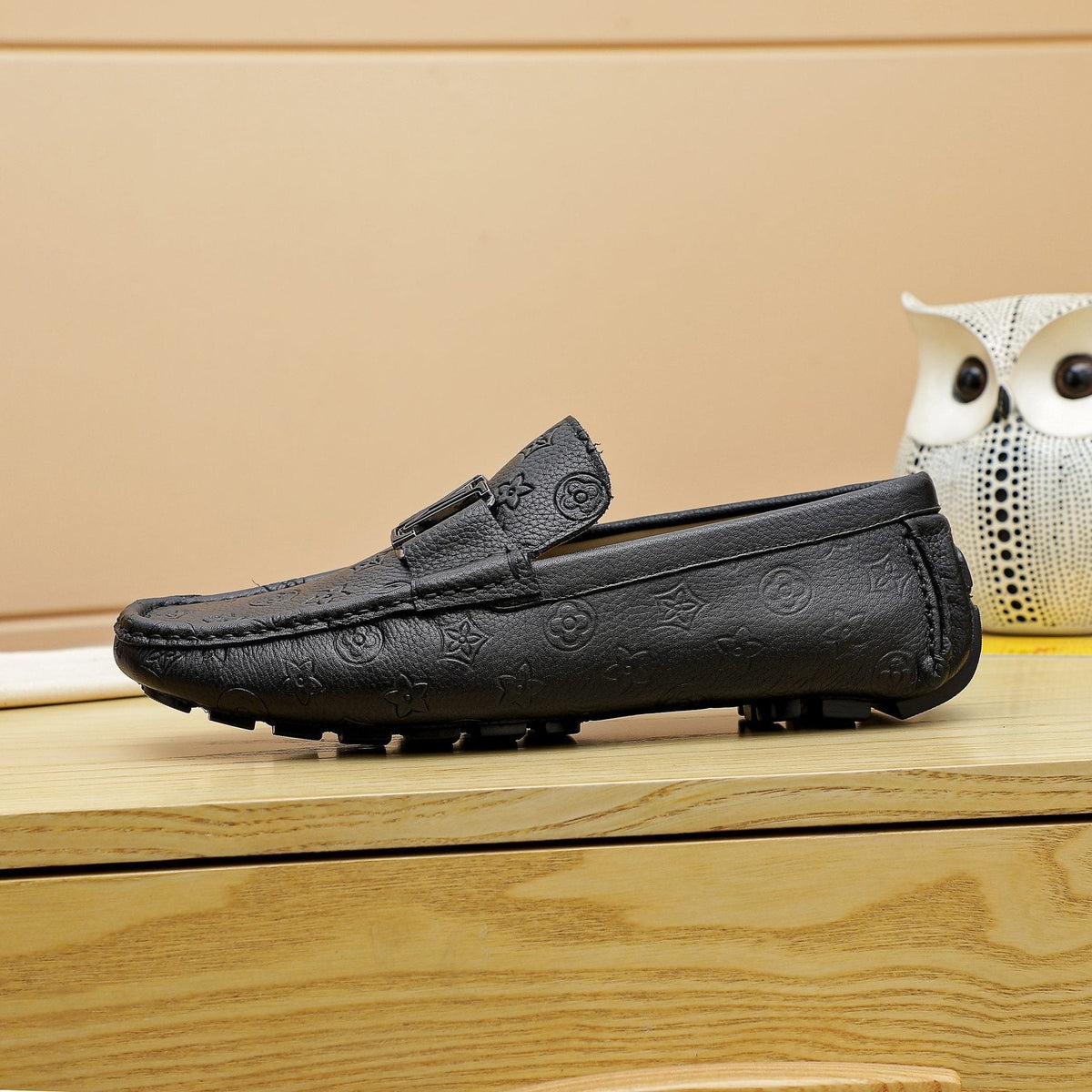 Louis Vuitton Black Embossed Driving Loafers — side