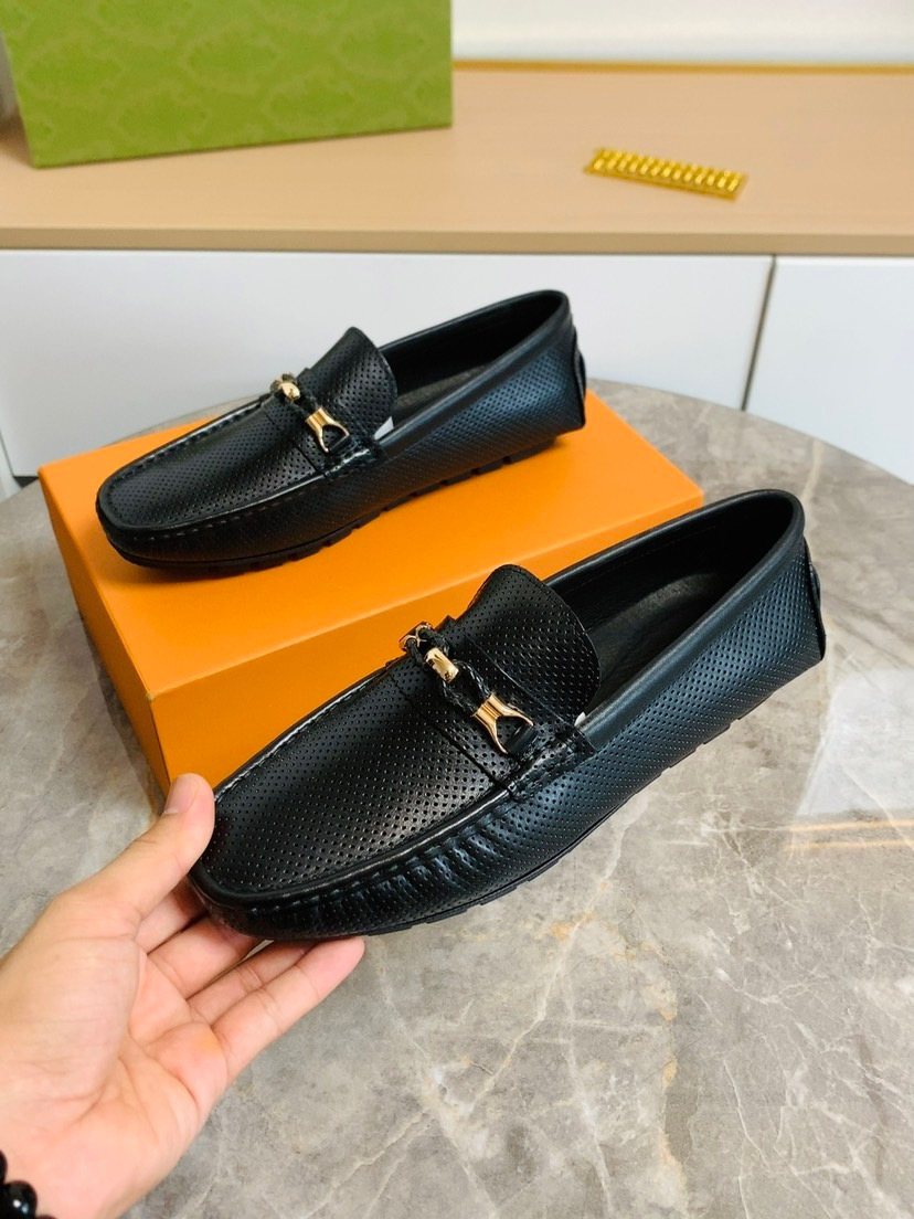 Black Textured Loafers with Gold-Tone Hardware — side