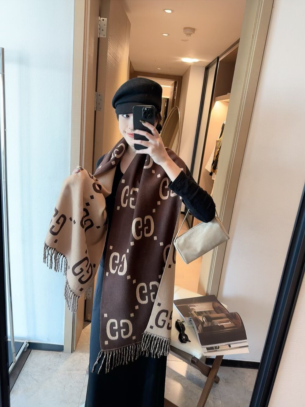 Gucci Reversible Fringed Scarf — model