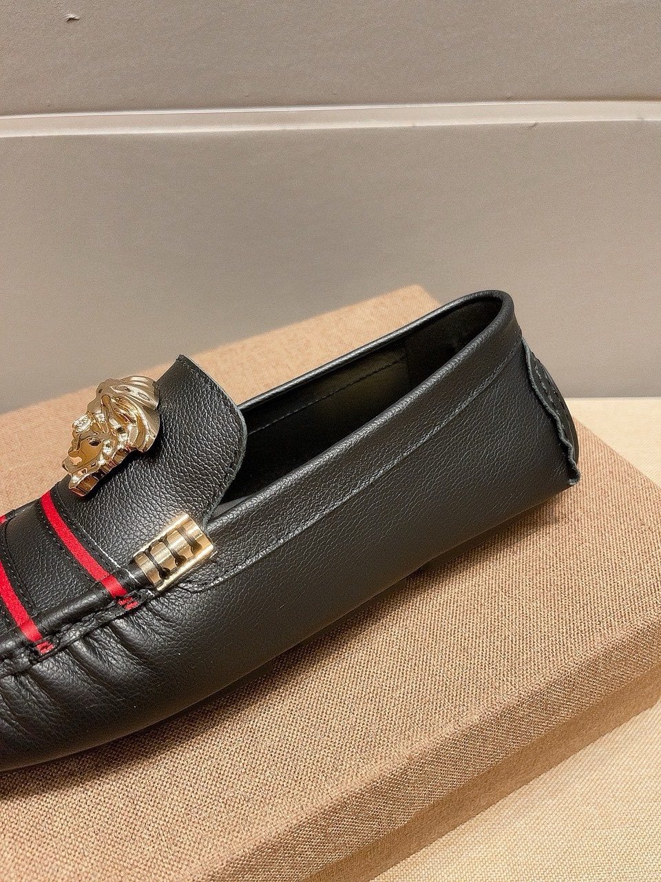 Versace Black Red Stripe Slip-On Loafers — detail