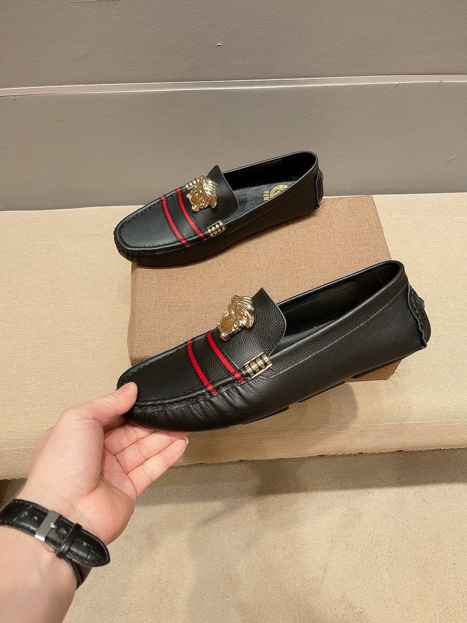 Versace Black Red Stripe Slip-On Loafers — front