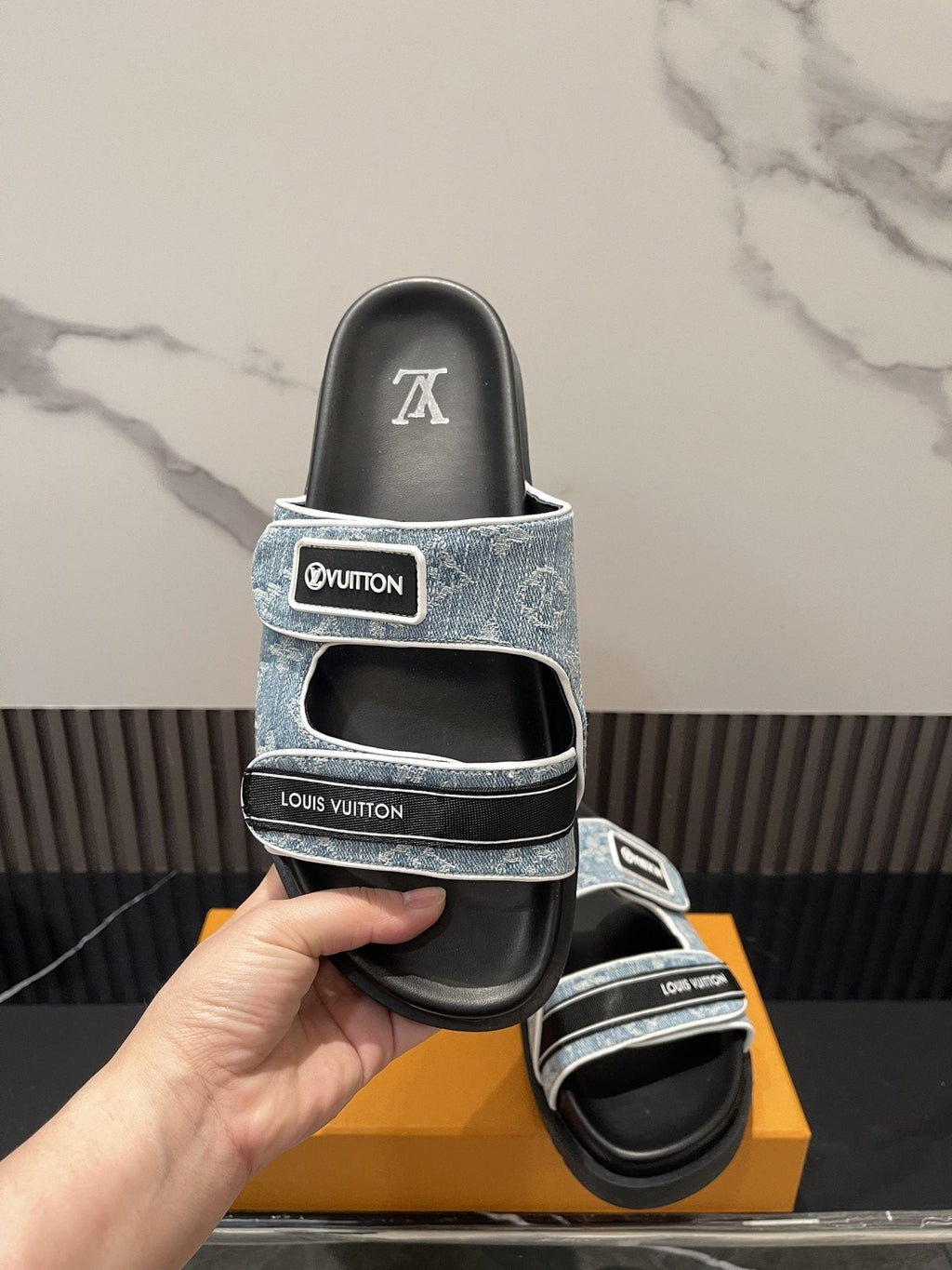 Louis Vuitton Light Blue-Gray Double-Strap Slide Sandals — front