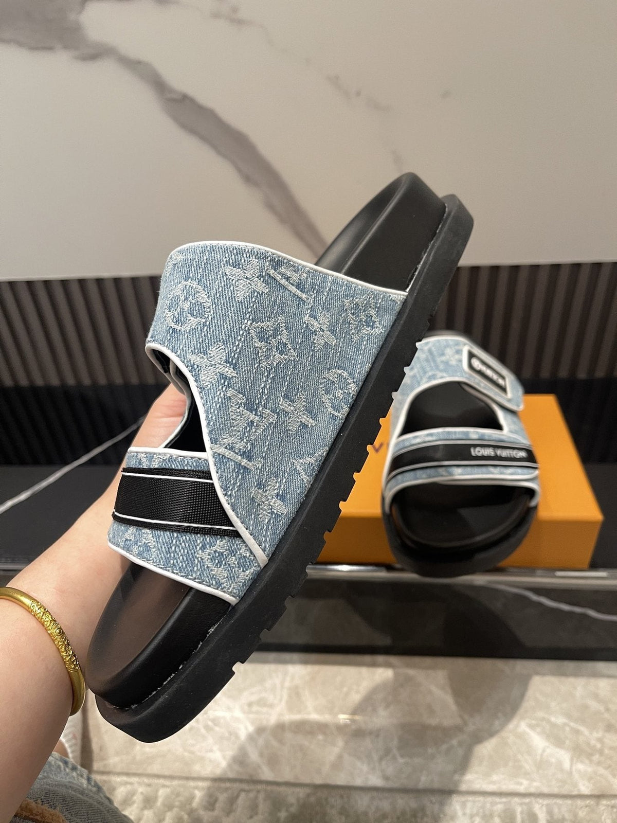Louis Vuitton Light Blue-Gray Double-Strap Slide Sandals — side