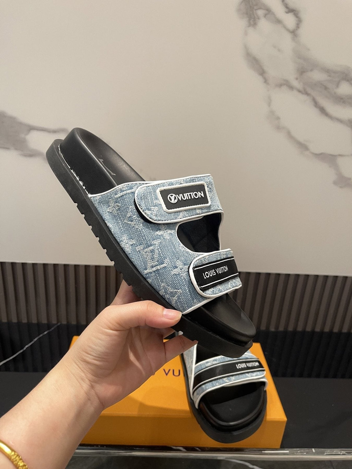 Louis Vuitton Light Blue-Gray Double-Strap Slide Sandals — side