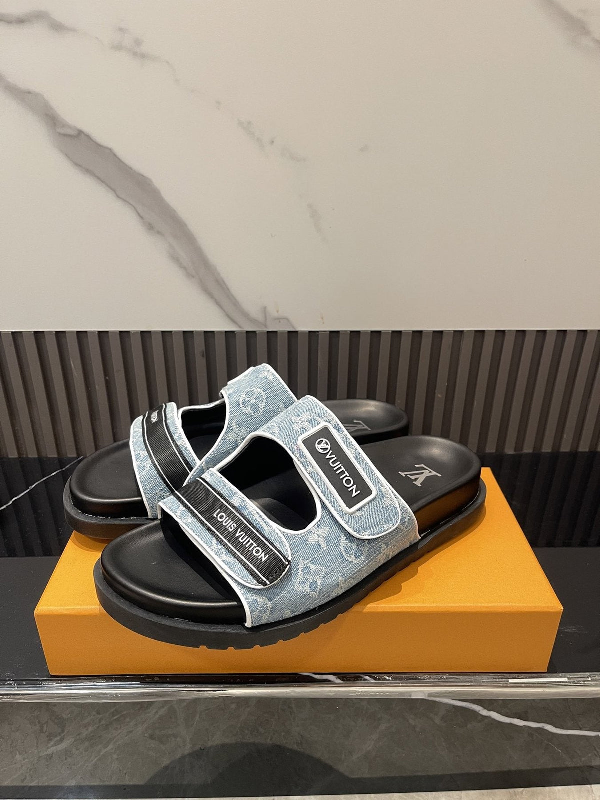 Louis Vuitton Light Blue-Gray Double-Strap Slide Sandals — front